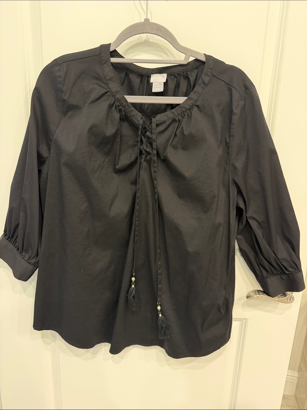 Chico's Black Tassel Tie Peasant Top